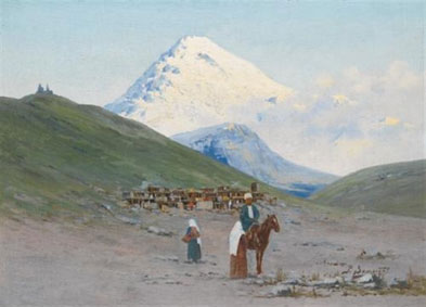 Caravanserai at the foot of mount Kazbek