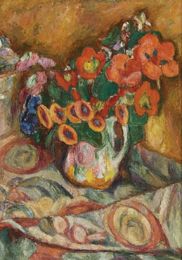 Flowers on a floral tablecloth