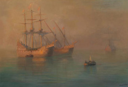 The arrival of Columbus` flotilla