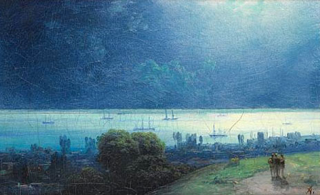 View of a bay bathed in moonlight 