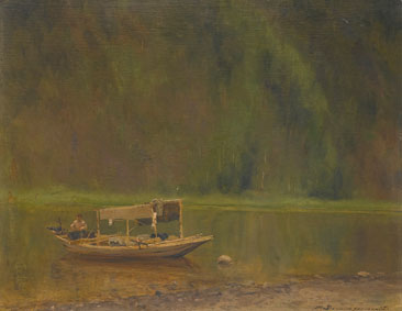 Author`s boat by the high wooded bank of the Chusovaya