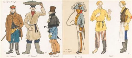 A group of six costume designs for a production of Nikolai Gogol`s the Nose
