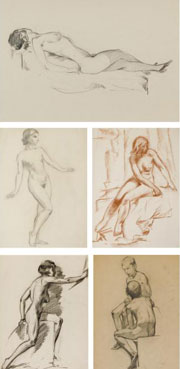 A group of five drawings of nudes