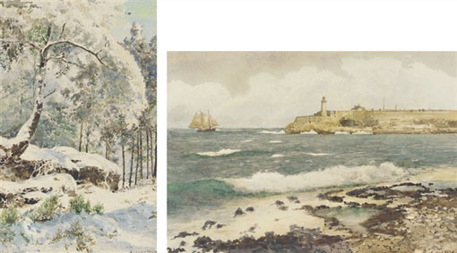 A lighthouse from a beach; and a snow-covered tree