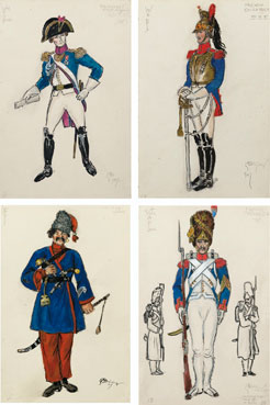 A set of eight costume designs for War and Peace