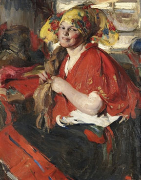 A peasant woman in a red shawl