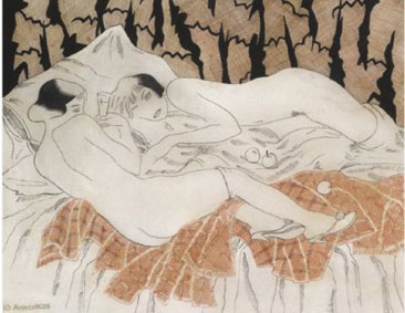 Two nudes in a bed