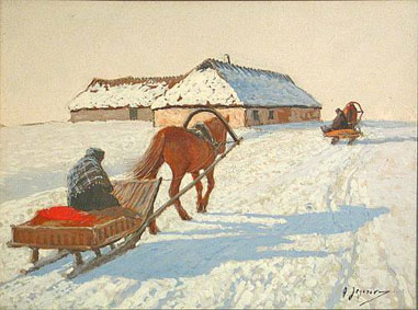 Two horse drawn sleds in a winter landscape