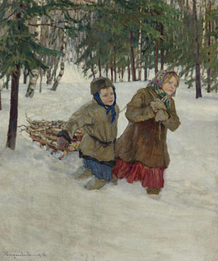 Trudging the logs in winter snow