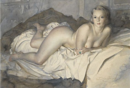 Reclining nude wearing a green ring