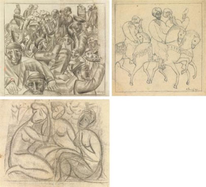 A group of three sketches: a marketplace, a falconry scene, three nudes