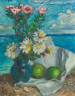 Still life of flowers in a vase and apples on a beach