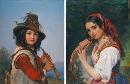 Portrait of an italian shepherd boy with a flute and a shepherd girl with a tambourine