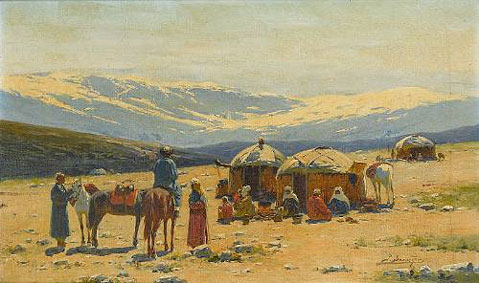 Kirghiz nomads before the mountains