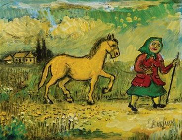 Woman with a smiling yellow horse