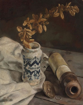 Still life with bay laurel, mustard pot and telescope