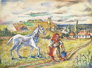 Woman with pail walking a white horse 