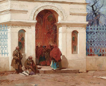 Figures outside the church