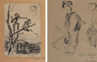 Japanese woman; monkeys in a tree: two drawings