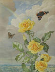 Yellow roses with butterflies and rainbow