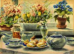 Tea set with tulips and violets