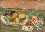 Still life, cards and fruit